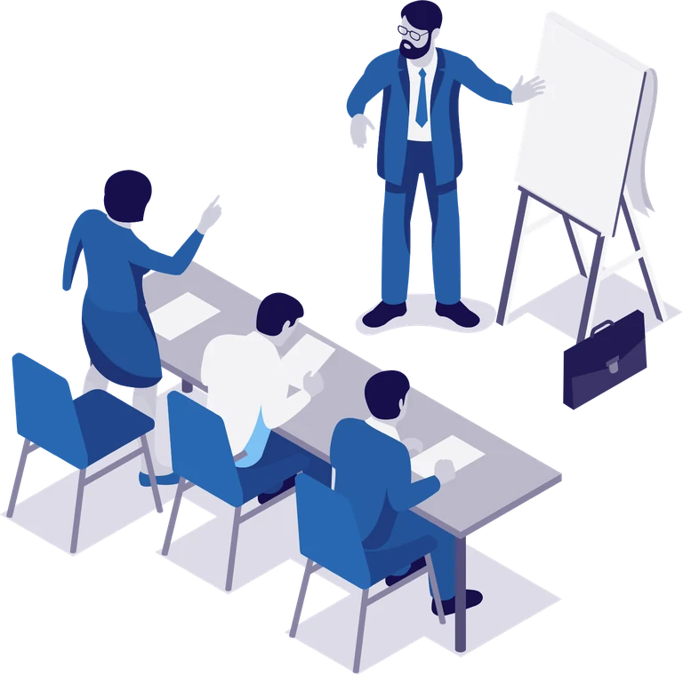 Illustration: Trainer am Flipchart vor einer kleinen Gruppe, eine Teilnehmerin meldet sich