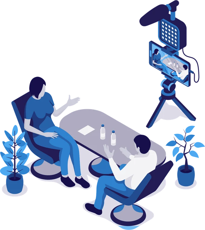 Illustration: zwei Personen im Gespräch am Tisch, gefilmt mit einem Smartphone auf dem Stativ
