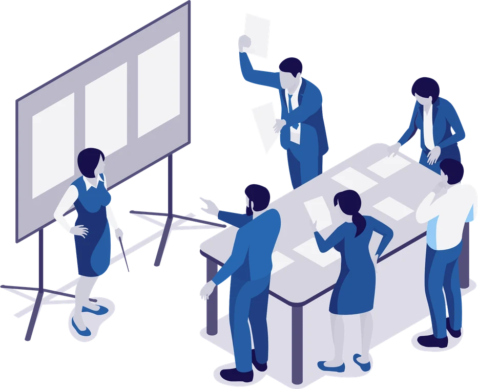 Illustration: Team diskutiert am Tisch, eine Kollegin präsentiert an der Pinnwand
