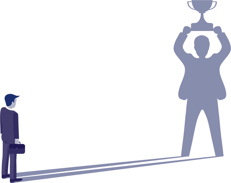 Illustration: kleiner Mann wirft den Schatten eines Siegers mit Pokal
